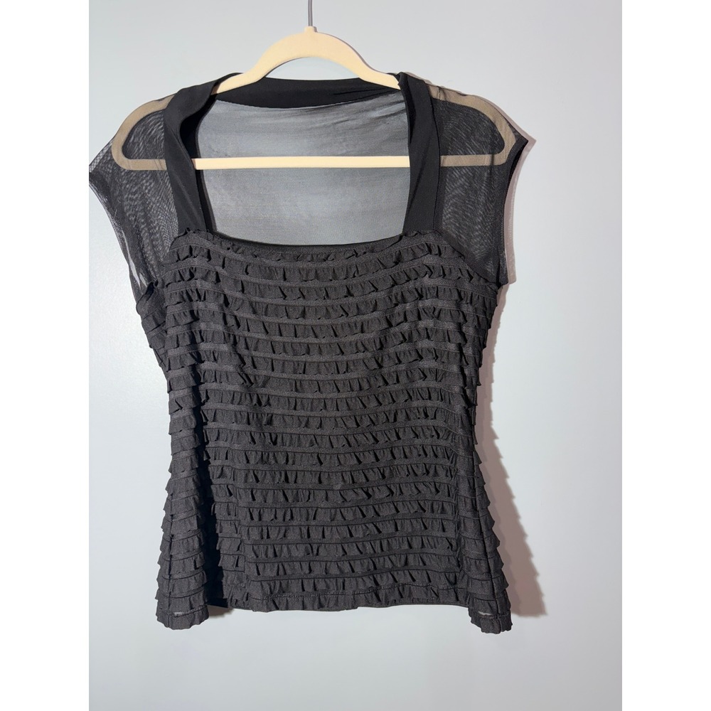 Connected Apparel Womens Black Tiered Ruffle Mesh Cap Sleeve Blouse Large